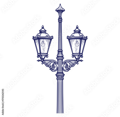 Elegant vintage street lamp vector illustration in a classic engraved style