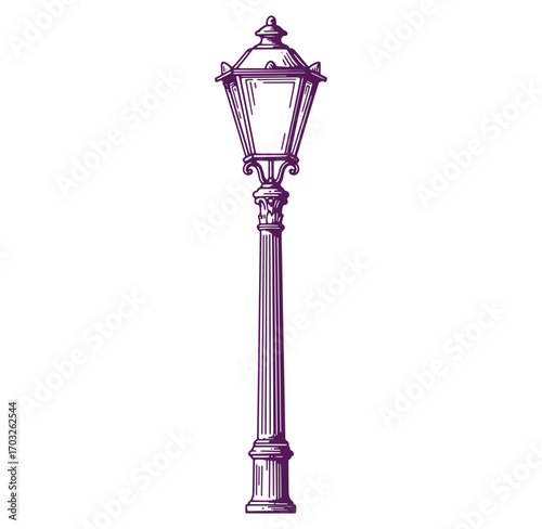 Elegant vintage street lamp illustration in intricate engraved style with detailed design