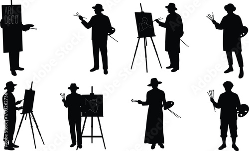 Silhouette of painters at easel, artists holding brushes and palette, creative art scene, vintage illustration, drawing, painting tools.