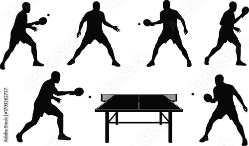 Silhouette of male playing table tennis, ping pong player in action, sports activity, athletic man, paddle and ball, competitive game, sport, fitness, dynamic movement, 