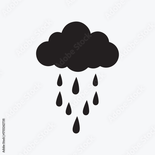 a simple rain cloud vector icon with falling raindrops, a black silhouette graphic for a weather forecast app, meteorology, or climate theme.