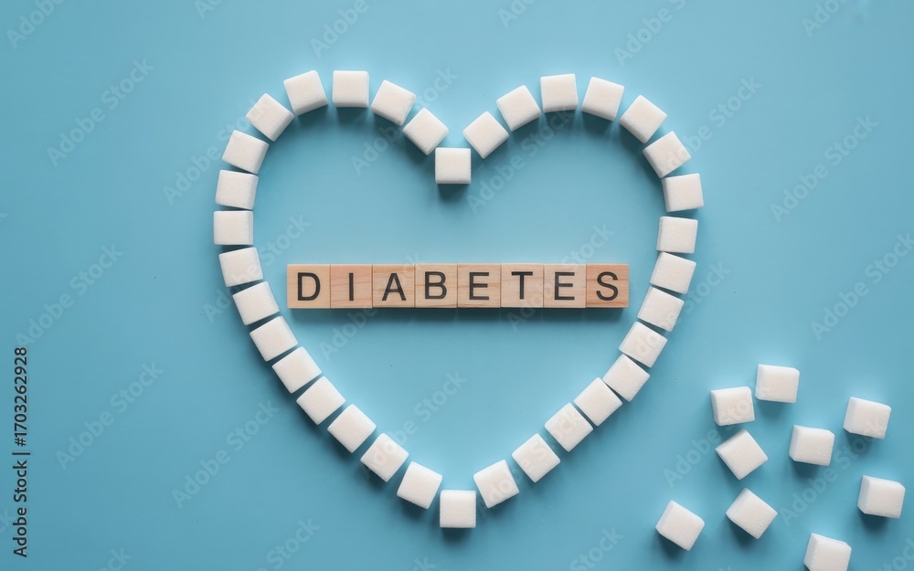 Fototapeta premium Heart shape made of sugar cubes and diabetes word on blue background, top view