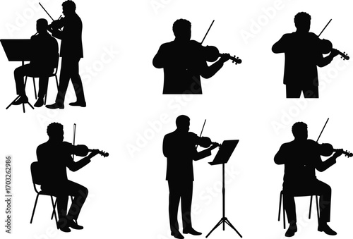 Violin player silhouettes, classical musician, violinist performing, orchestral music, string instrument, musical practice, concert performance, music sheet, seated violinist, 