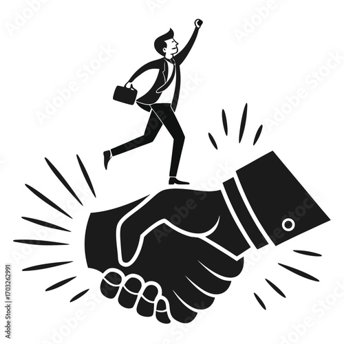 Businessman celebrating success on a giant handshake.