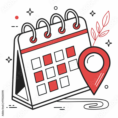 Hand Drawn Sketch of a Calendar and Location Pin Icon.