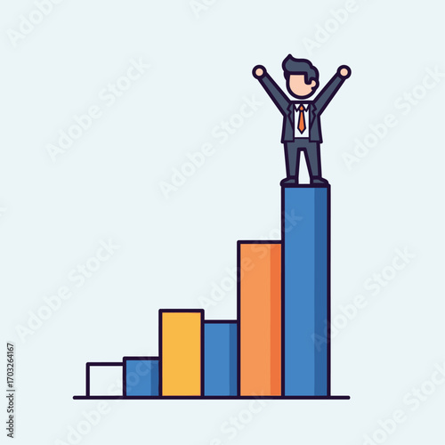 A stylized illustration depicts a triumphant businessman standing atop a rising bar graph, arms raised in victory, symbolizing achievement and success.