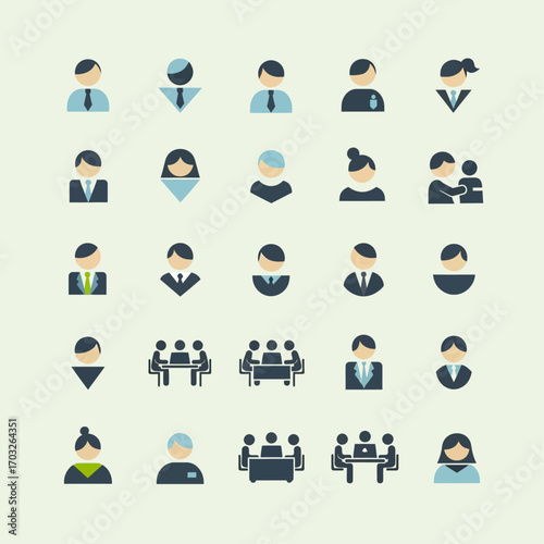 A collection of diverse business people icons representing individuals and group interactions in a professional setting.