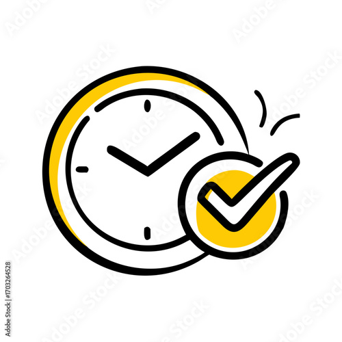 Abstract yellow check mark inside a circle with a swoosh on black background