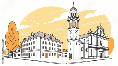 Architectural Ensemble - A Detailed Illustration of Buildings and Tower.