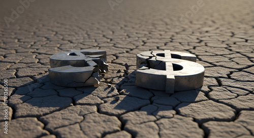 A broken dollar sign symbol lies cracked in the dry, barren earth, symbolizing financial ruin, economic collapse, and the devaluation of currency