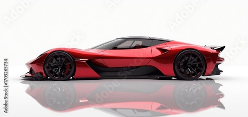Side view of a vibrant red luxury sports car. Concept. On a white background.