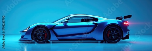A sleek blue sports car with a powerful engine and wide body. Car concept. On a blue background.