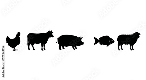 Farm Animals Fish Silhouettes Chicken Cow Pig Fish Sheep Black and White Vector Illustration