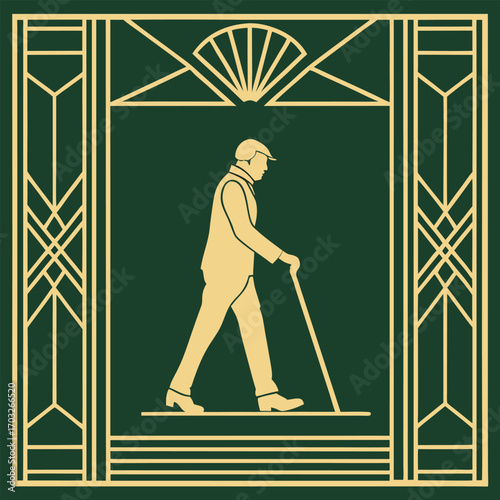Elegant elderly gentleman walking with cane.