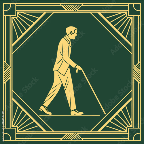 Elegant illustration of an elderly man walking with a cane.