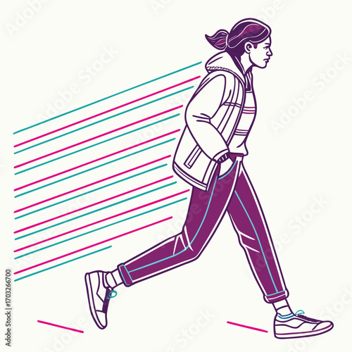 Young woman in casual attire walking with determination.