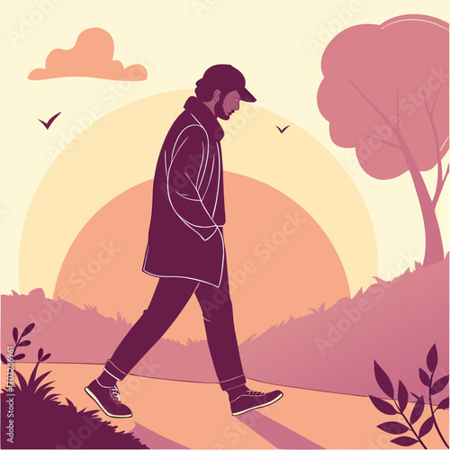 Man walking alone at sunset, thoughtful expression.