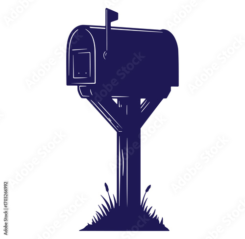 Stylized vector illustration of a classic mailbox on a post with simple grass