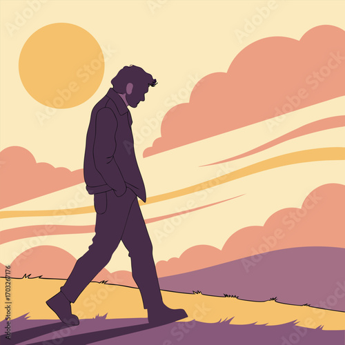 Man Walking Alone in Nature.