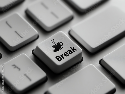 Close-up of a computer keyboard key with a coffee cup icon and the word 