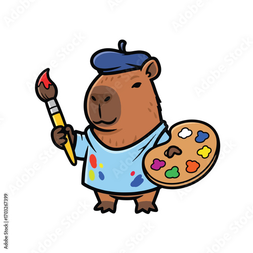 A Capybara artist with a beret, paintbrush, and palette.