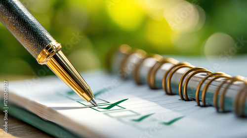 Close-up of a pen marking a checkmark in a spiral notebook checklist with blurred green background