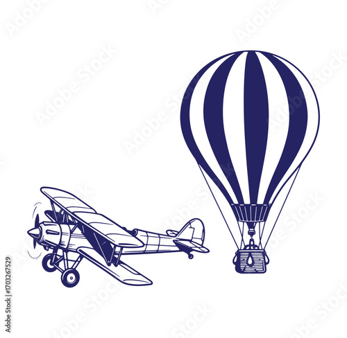 Vintage airplane and hot air balloon vector illustration with outline style and white background