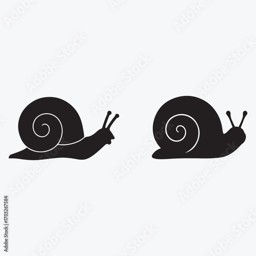 a set of simple snail vector icons, a black silhouette of a slow animal with a shell, symbolizing patience and persistence.