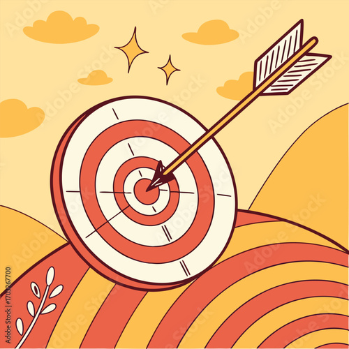 An arrow perfectly hits the bullseye of a target illustration.