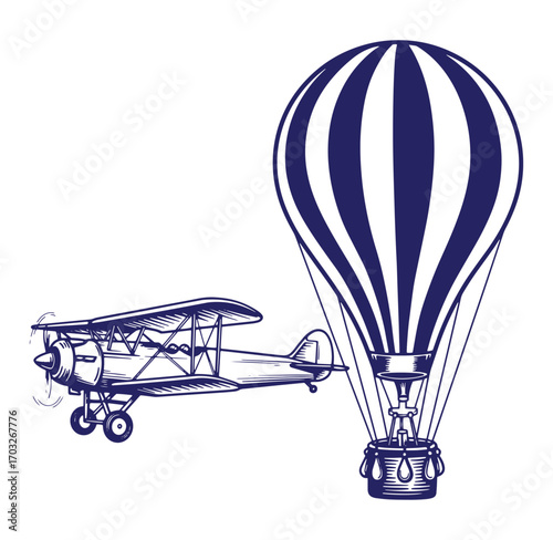 Vintage biplane and hot air balloon illustration in dark blue against a white background