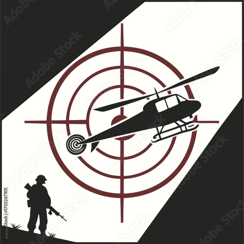 Military Helicopter Silhouette in a Red Target Sight.