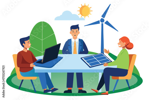 Eco-friendly business team planning green energy solutions with wind turbine and solar panel