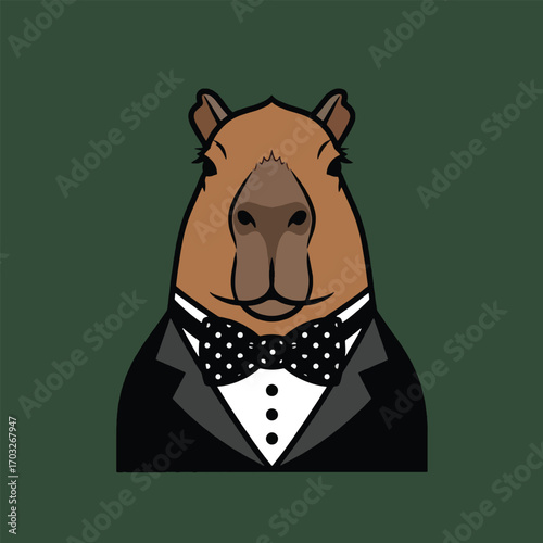 A dapper capybara dressed in a formal black tuxedo with a white shirt and a black and white polka-dot bow tie.