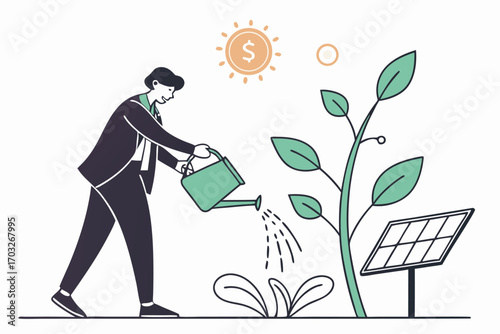 Businessman nurturing financial growth with solar energy, symbolizing investment success and sustainability