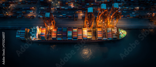Aerial view of a large cargo ship docked at a port at night, illuminated by orange lights, with numerous shipping containers and cranes visible along the quay