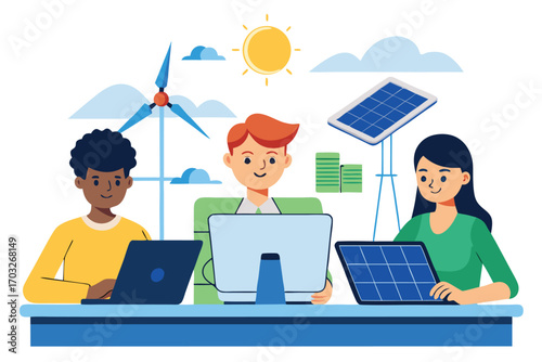 Team discussing renewable energy solutions with solar panels and wind turbine in modern office