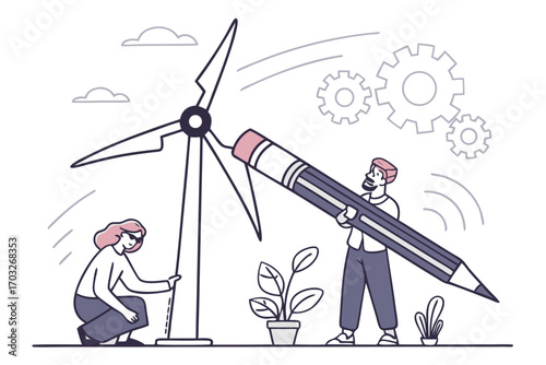 Engineers designing renewable energy solutions with wind turbine and pencil for a sustainable future