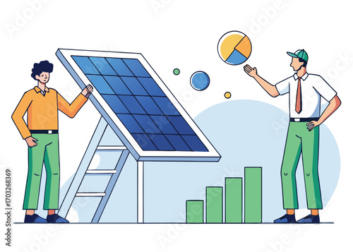 Solar energy innovation team discussing financial success and clean power future with charts