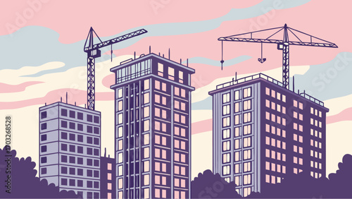 Construction of tall buildings with cranes at sunset.