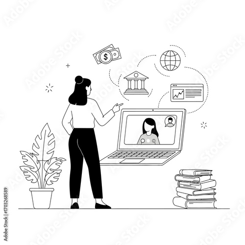Woman interacting with online banking and education on laptop