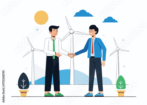 Business partners shaking hands with wind turbines, symbolizing green energy and sustainability
