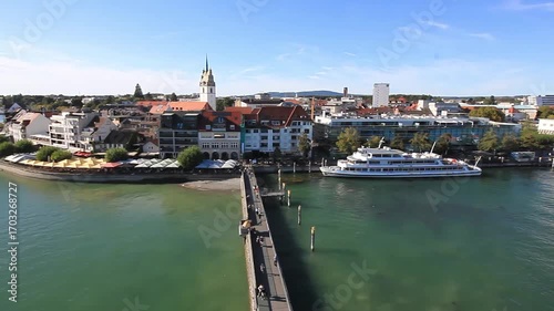 Panorama of the Friedrichshafen embankment. View from the observation deck at the entrance to the harbor