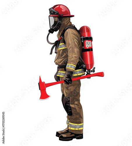 Fireman with axe and oxygen tank