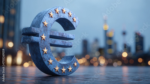 Monumental Blue Euro Symbol with Golden Stars in Berlin, Cityscape with Modern Skyscrapers and TV Tower