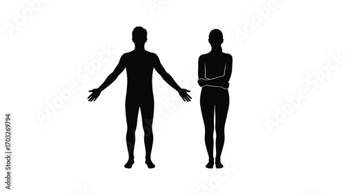 Emotional Contrast, Male and Female Silhouettes, Studio Setting, Illustration, Modern Environment, Side View, Body Language Concept