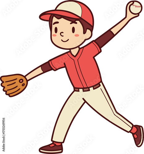 Vector art of cartoon boy playing baseball, throwing a ball with a glove on his hand