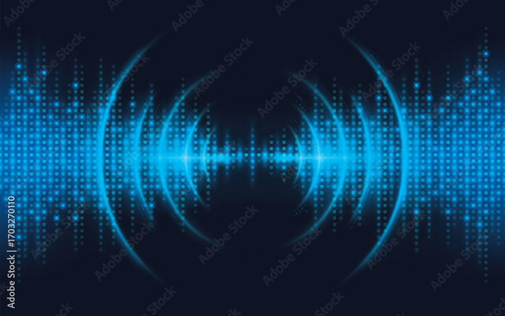 Fototapeta premium Abstract Blue Signal concentric circles and Sound wave background. Digital Audio Sound Equalizer Effect. Futuristic Dots equalizer shine graph of frequency. Dynamic vibration. Sonar wave echo sound.