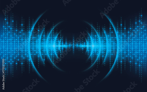 Abstract Blue Signal concentric circles and Sound wave background. Digital Audio Sound Equalizer Effect. Futuristic Dots equalizer shine graph of frequency. Dynamic vibration. Sonar wave echo sound.