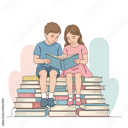 Two children sitting on a stack of books, reading together.