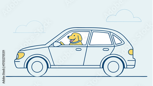 Vector art of a happy golden retriever dog driving a car on a light blue background with clouds